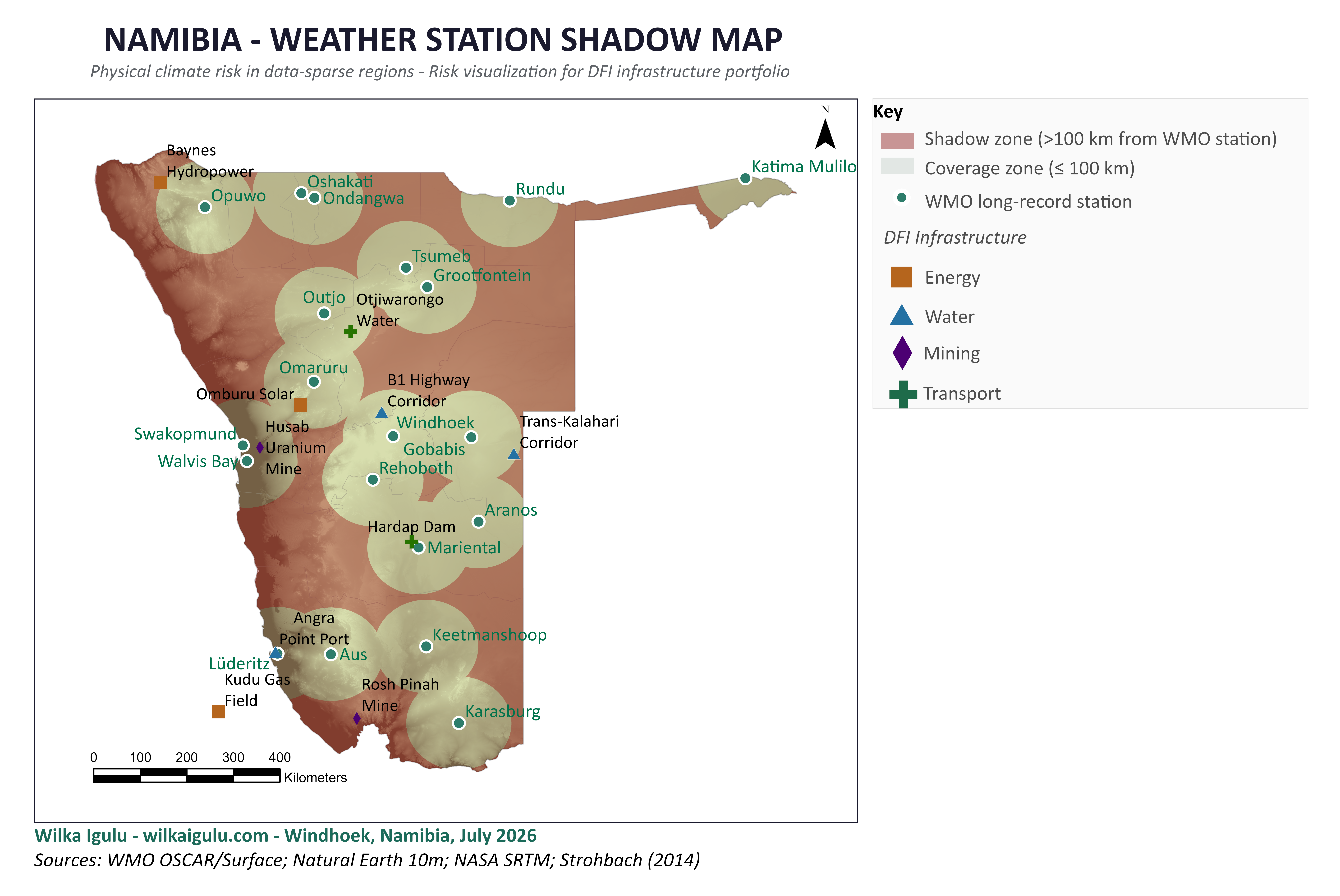 Map of Namibia showing dark shadow zones more than 100 km from the nearest long-record weather station, with 100 km coverage circles around each station and DFI infrastructure sites marked.